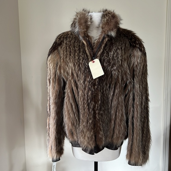 Furvien Paris Vintage Authentic Racoon Fur Brown Short w/Leather Trim Size L - Picture 1 of 16